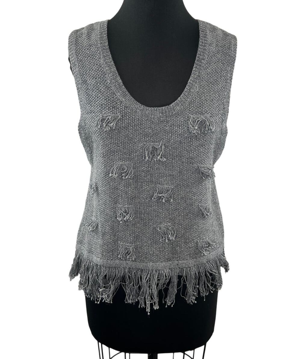 Creatures of Comfort Sleeveless Fringe Hem Sweater Gray Pullover Scoop Neck Sz ?